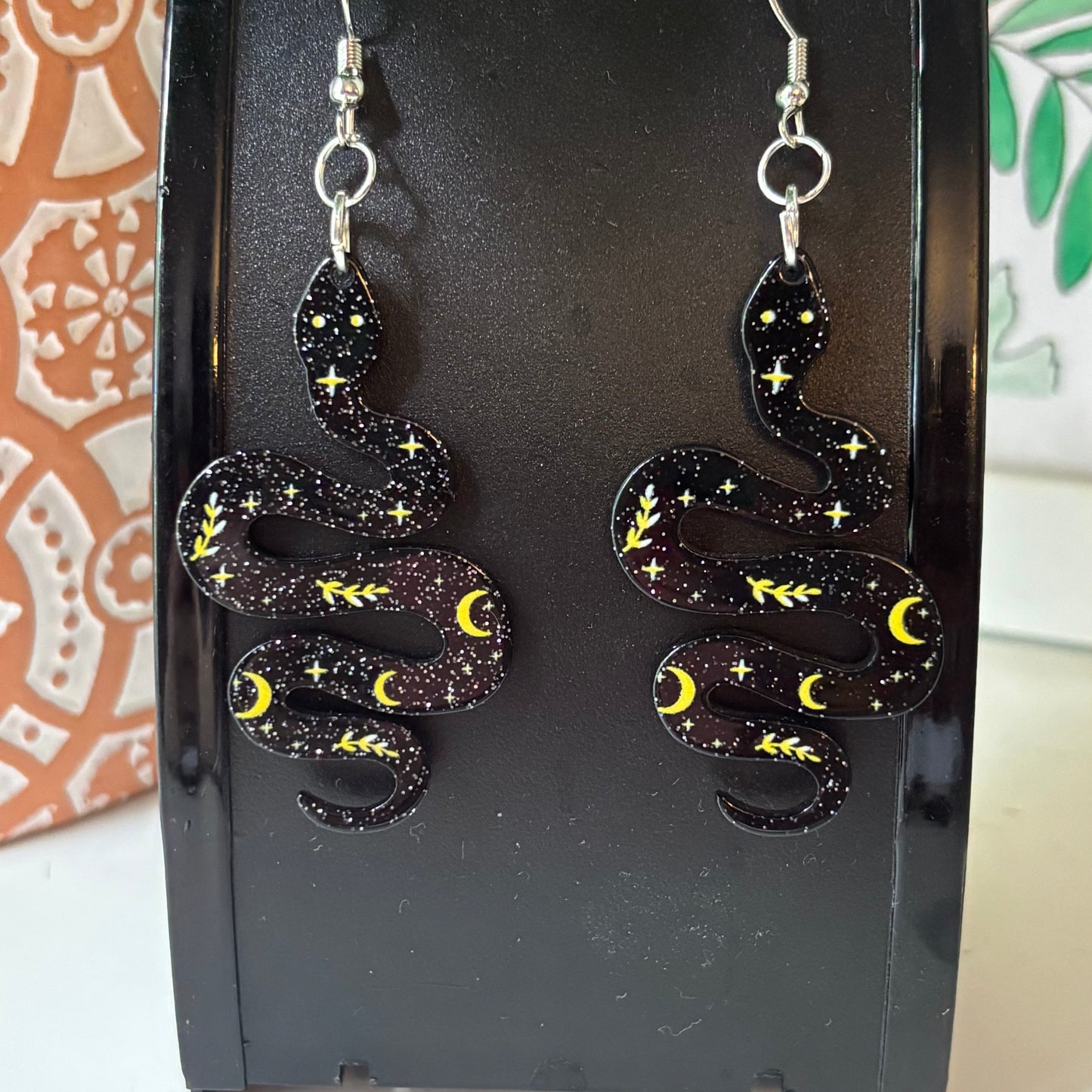 Glittery Black Snake Earrings
