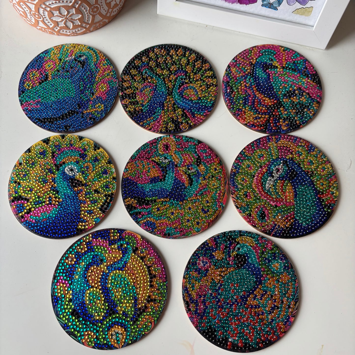 Set of 8 Peacock Diamond Coasters