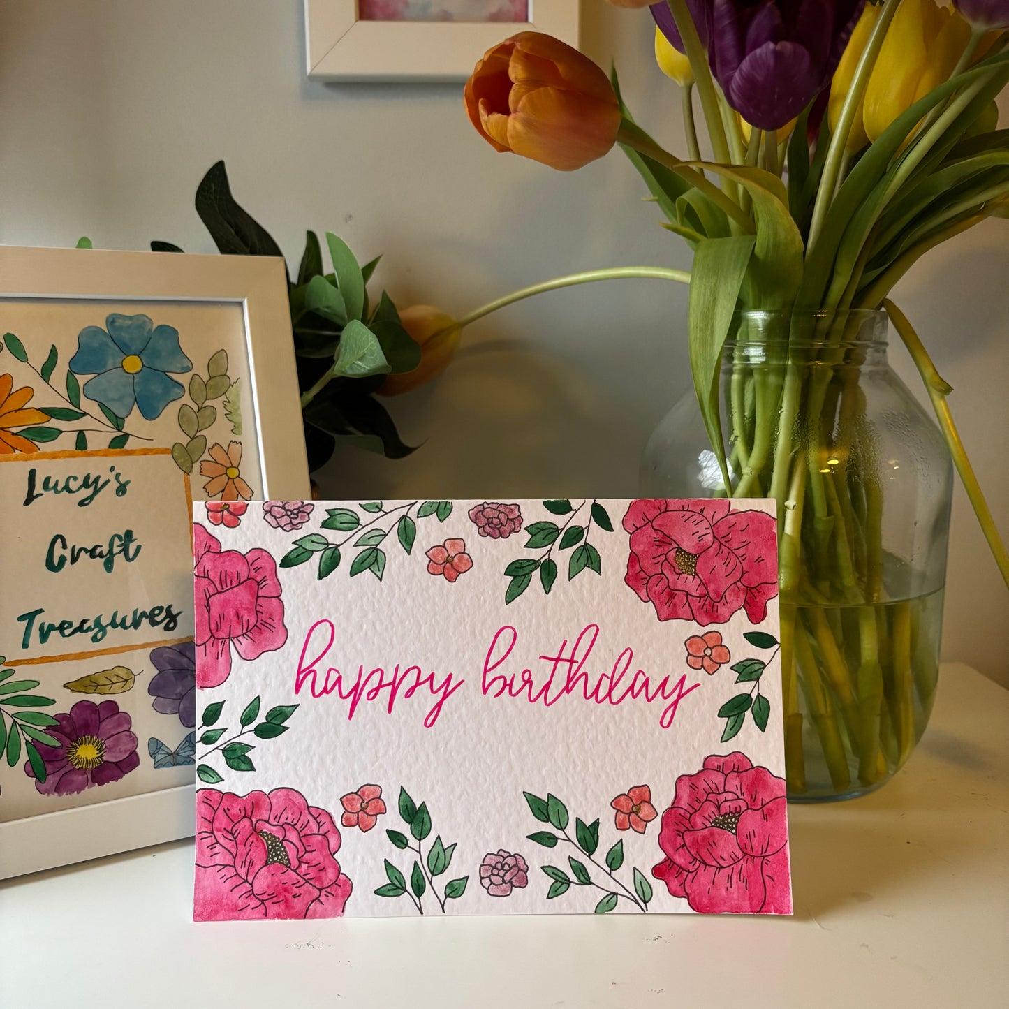 Floral Pink Happy Birthday Card