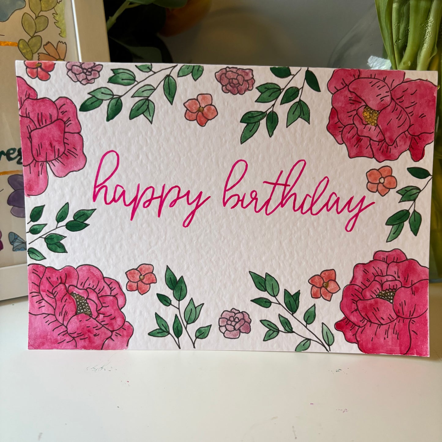 Floral Pink Happy Birthday Card