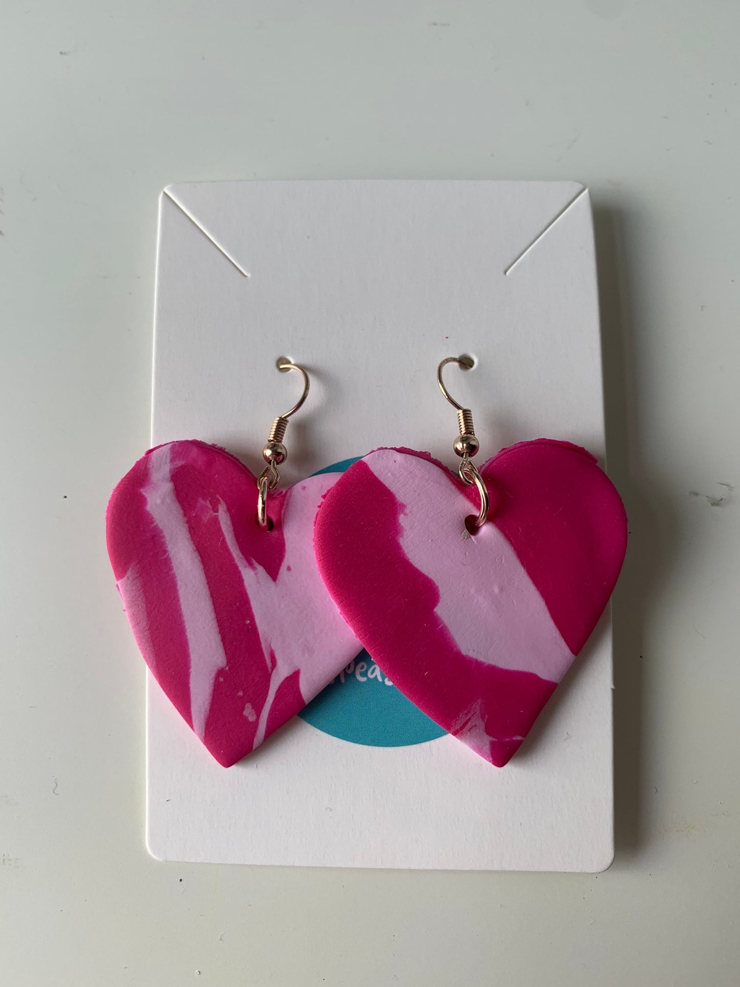 Two Tone Large Pink Polymer Clay Heart Dangle Earrings