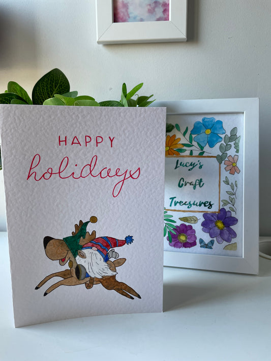 Happy Holidays Gnome on Reindeer Card