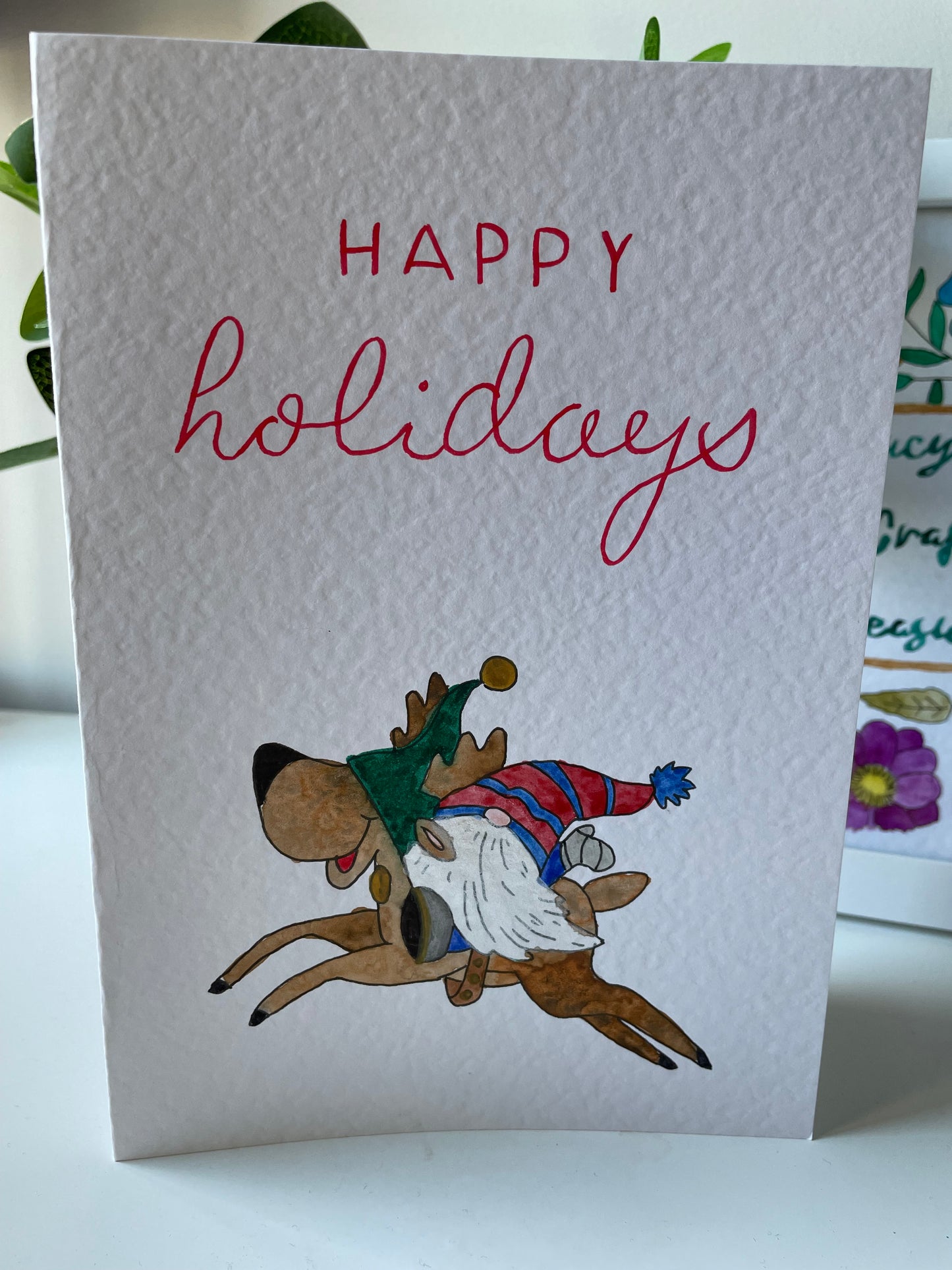 Happy Holidays Gnome on Reindeer Card