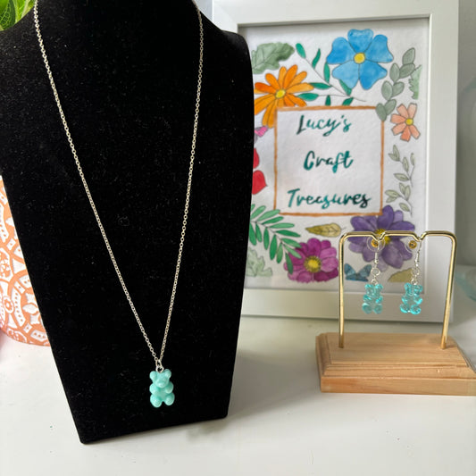 Turquoise Gummy Bear Necklace and Earrings Set