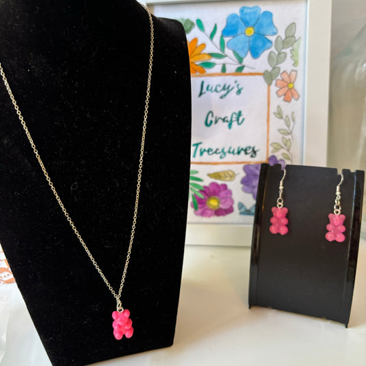 Pink Gummy Bear Necklace and Earrings Set