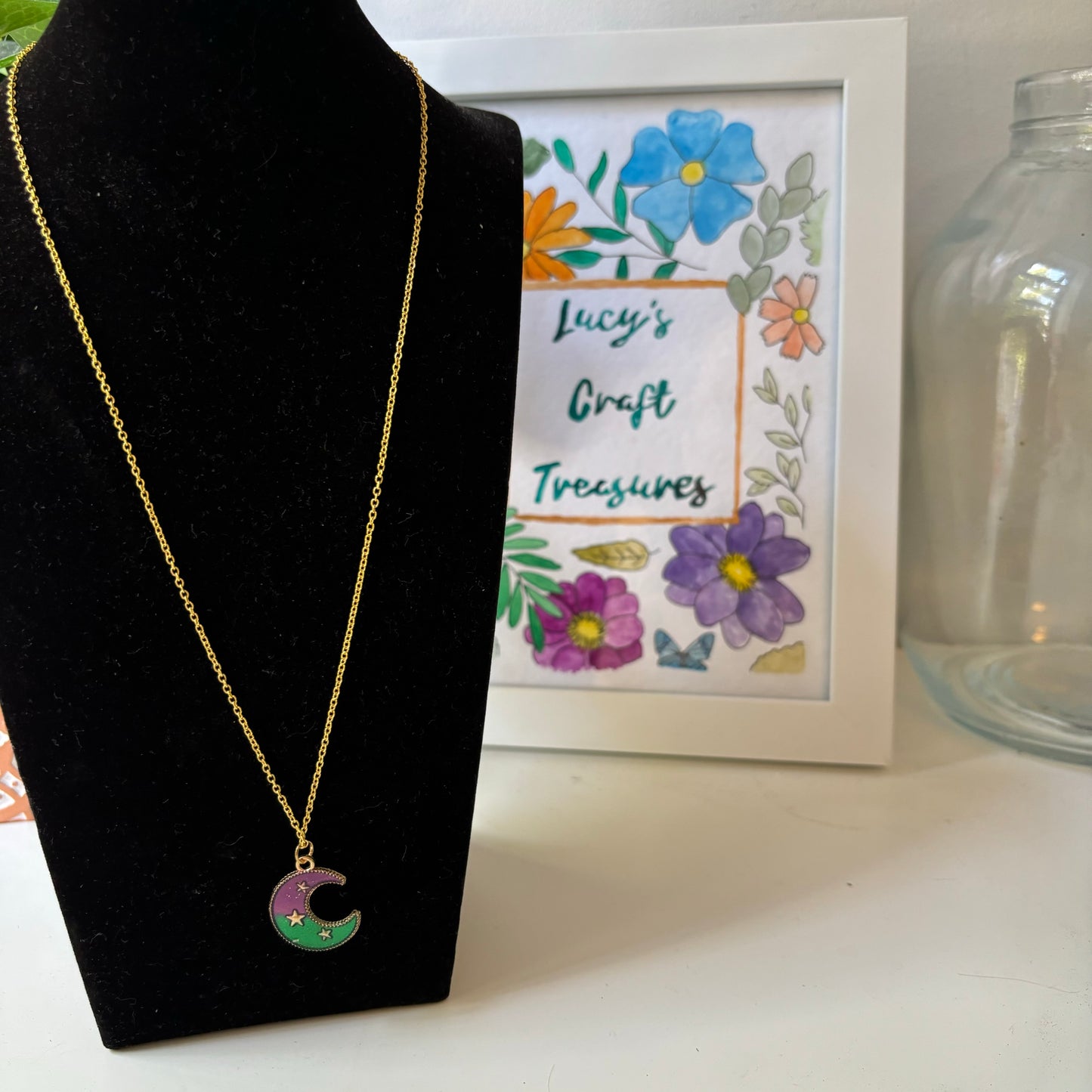 Purple Green Crescent Moon Necklace - 19cm