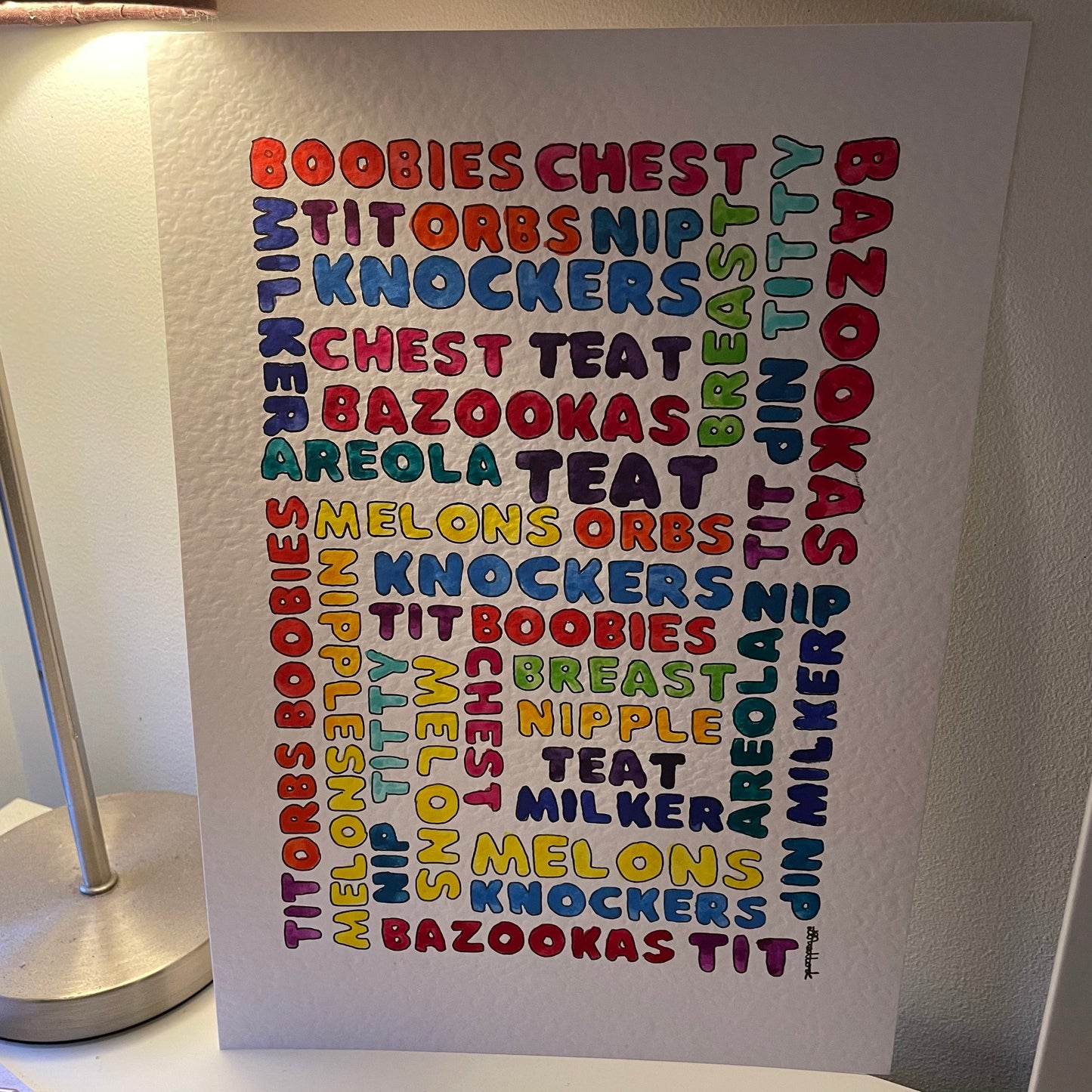 Original watercolour word painting ‘boobies’